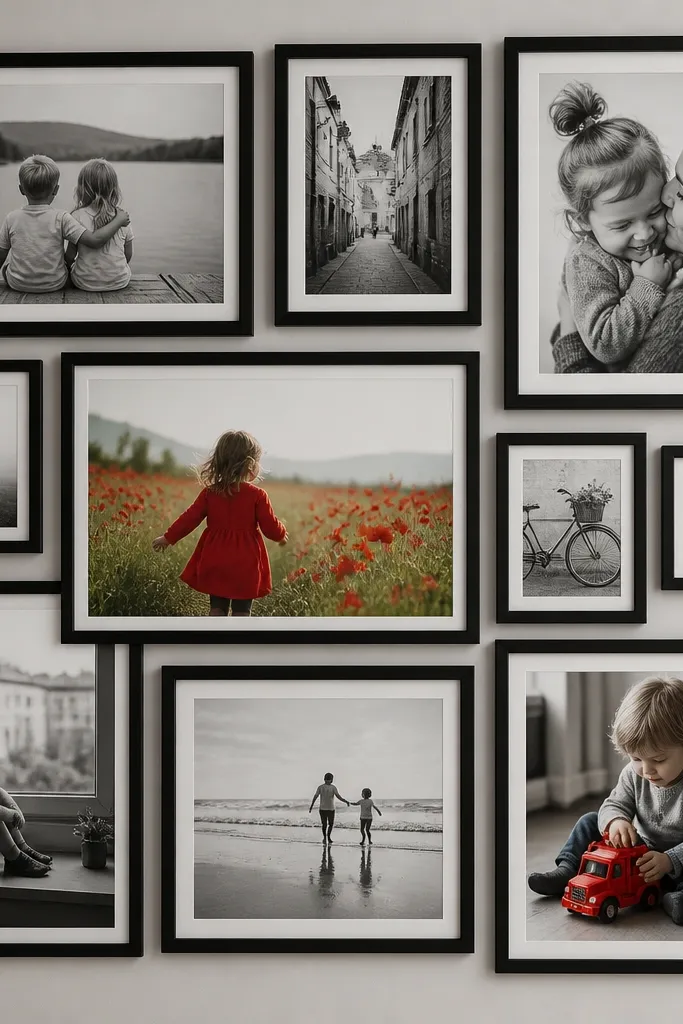 A collage of black frames with black-and-white photos. One or two frames contain color photos that pop strongly, like a red dress or bright toy. The rest are grayscale.