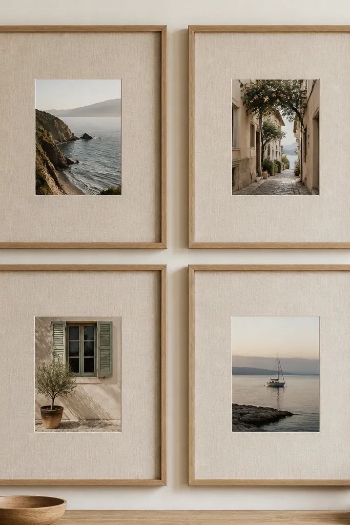 Four frames with linen fabric backgrounds behind the photos. The fabric is textured and slightly warm, with photos in the center. Frames are natural wood.