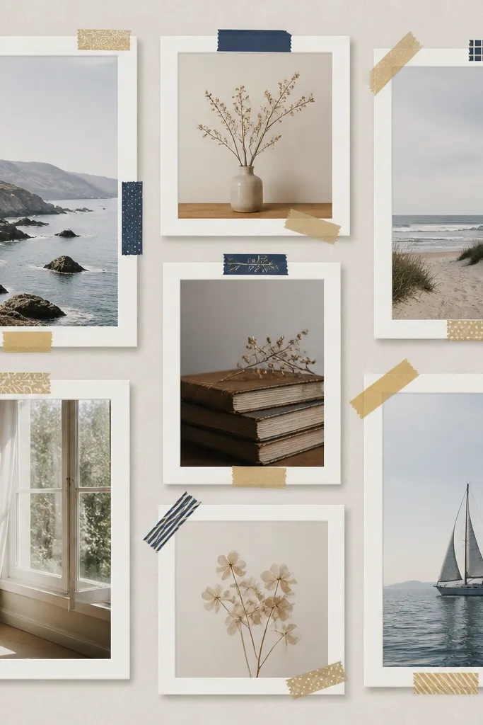 A collage where frames have small strips of decorative washi tape at the corners and along the mat edges. The frames are white and the tapes are muted navy and gold.