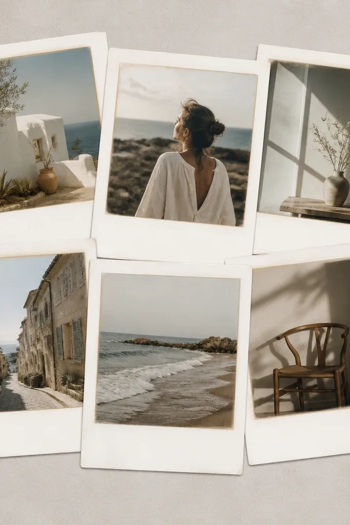 A cluster of six frames where photos overlap slightly like printed Polaroids. The frames are white with thick mats, and the images have a faux vintage border.