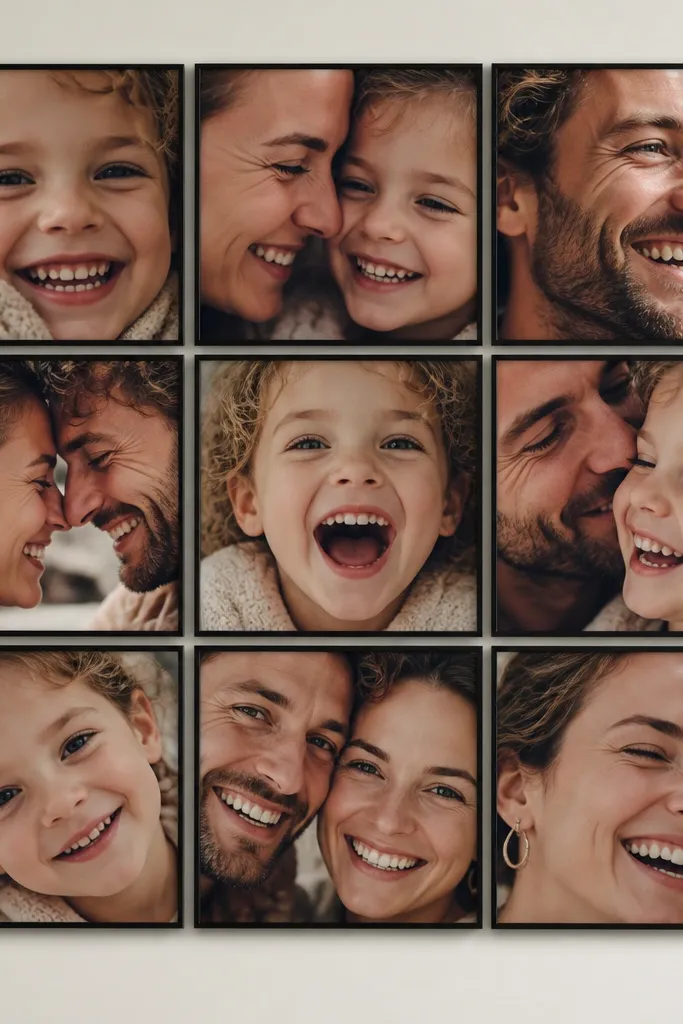 A 3x3 collage of matching black frames with no mats. Photos fill the frame edge to edge, with faces cropped close. The wall is a warm white and the collage is centered.