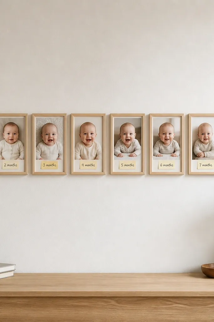 A line of 8 frames arranged horizontally. Each frame has a small label at the bottom that looks like a sticky note, with handwritten-style dates. Frames are light wood.