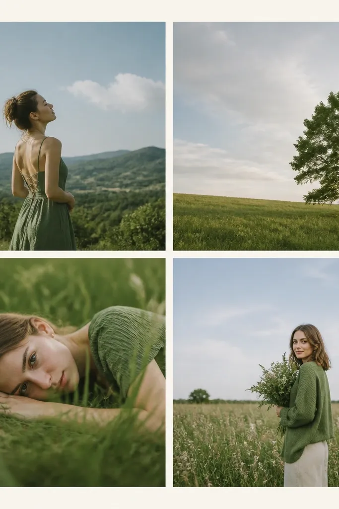 A collage of four green frames with a white border divider between them. Photos are mostly outdoor shots with grass and sky. The background is pale cream.