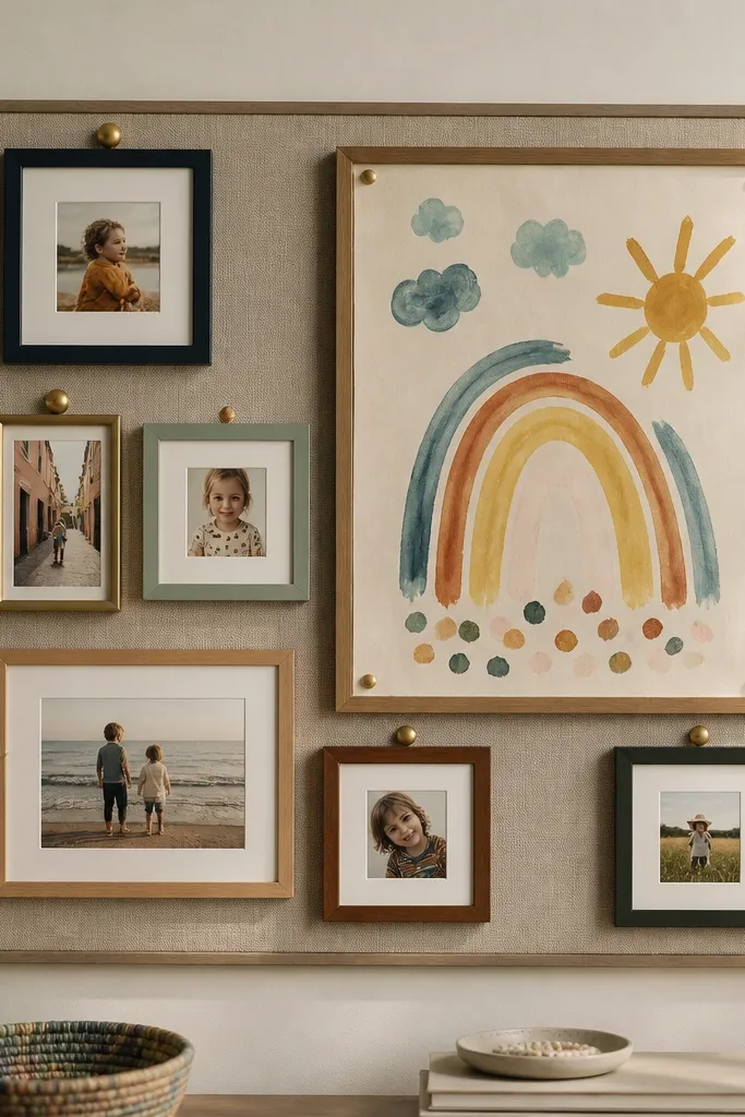 A mixed collage with photo frames and one larger frame holding kid artwork. The photo frames are smaller and the artwork frame is bigger, all on a single backing board. Colors are mixed but cohesive.