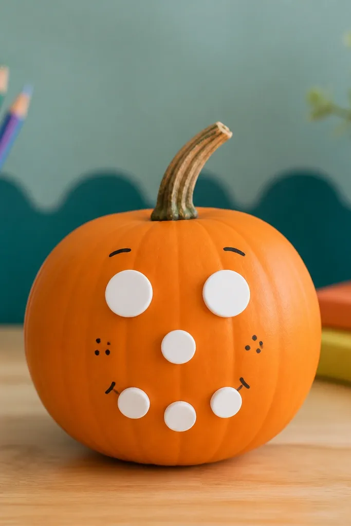 A small orange classroom pumpkin with two foam circles for eyes, a foam dot nose, and three foam dots forming a smile. The dots are matte white and slightly raised, with tiny black marker accents around the face.