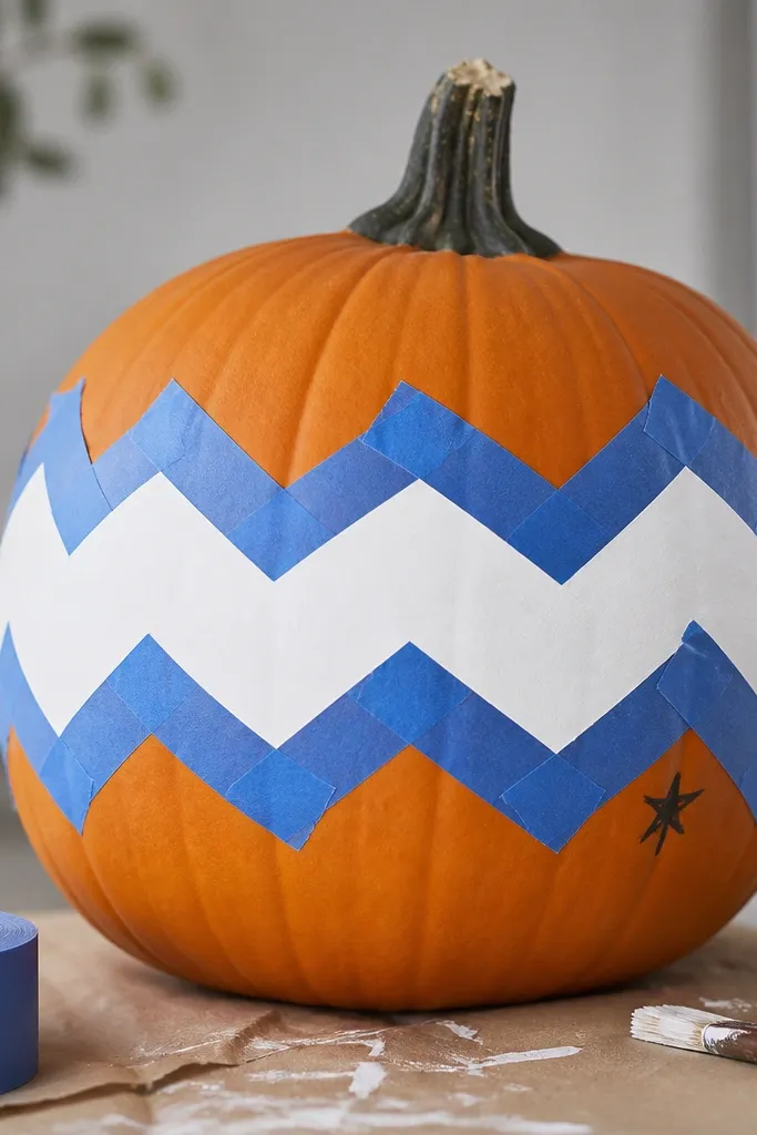 An orange pumpkin with a crisp white chevron band around the middle. The chevrons are clean and symmetrical, with painter's tape edges visible before paint is removed; a small black marker star sits on one side.