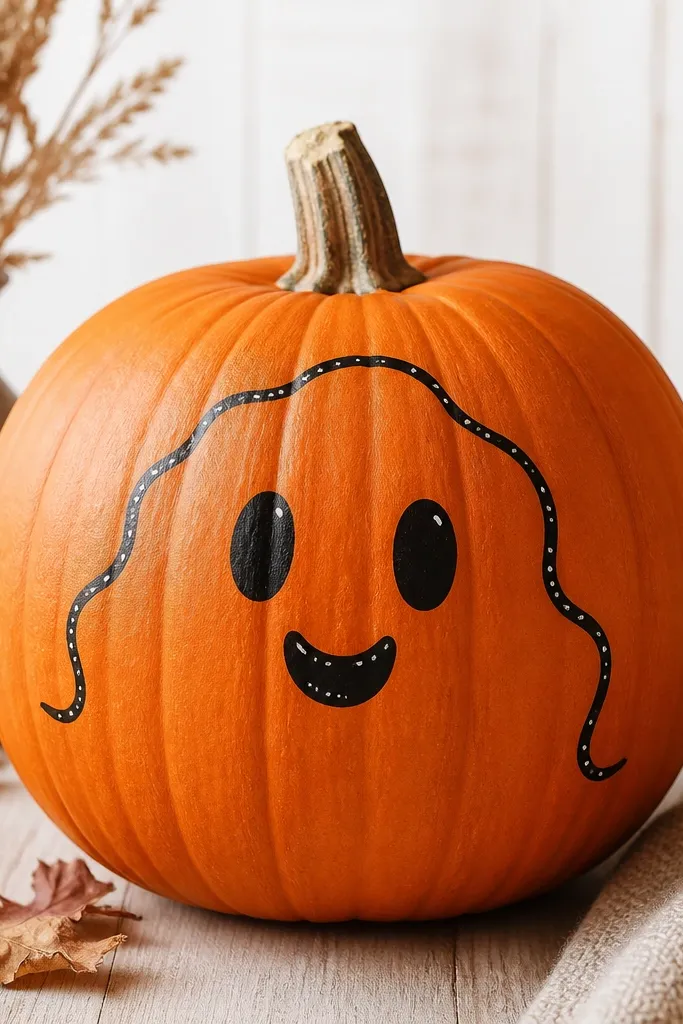 A pumpkin with a simple black ghost face: two oval eyes and a curved mouth on the front. The ghost shape is drawn as a wavy outline above the eyes, with tiny dot highlights in white gel pen.