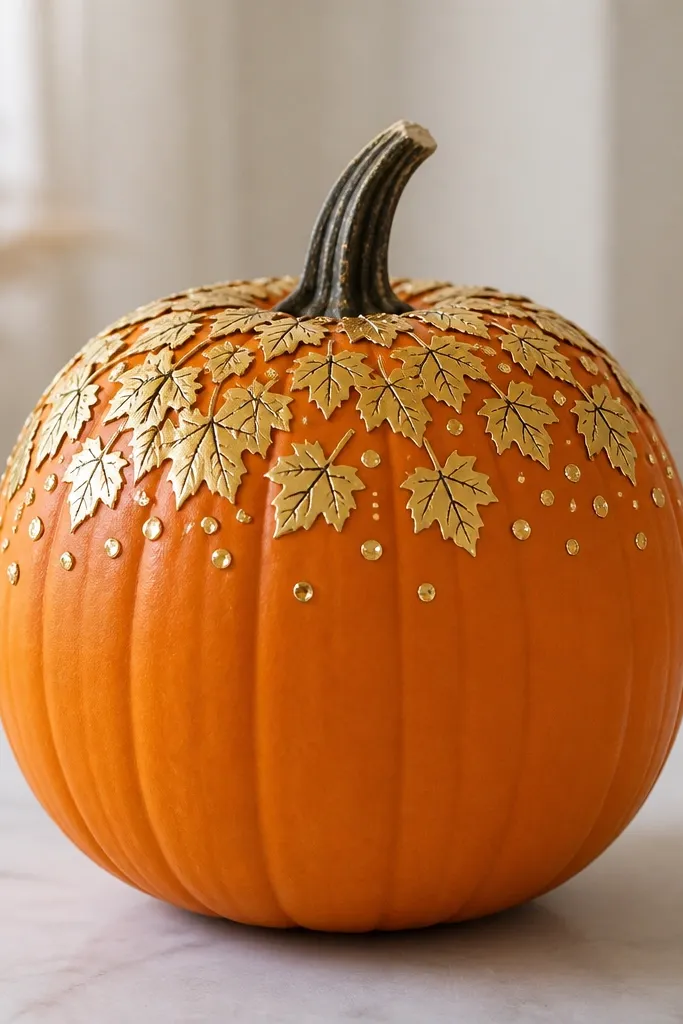 An orange pumpkin covered only at the top with a cluster of gold leaf stickers and small gold dots. The rest of the pumpkin stays orange, with a few black marker veins drawn on the leaf shapes.