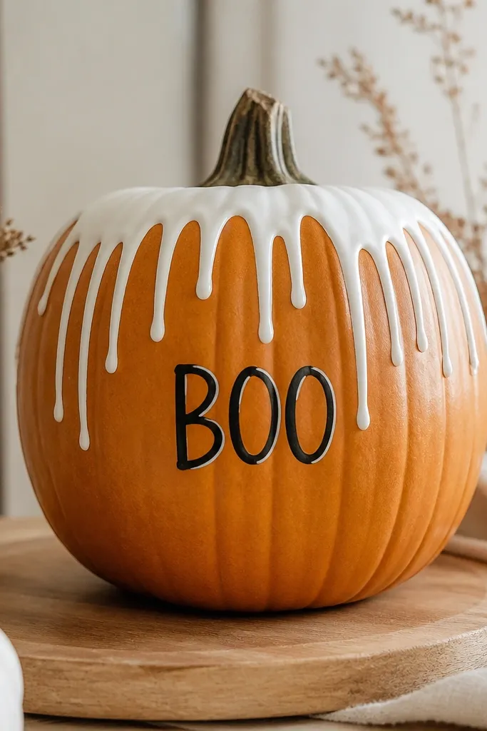 A pumpkin with a clean white drip rim around the top edge. The drips vary in length, and a small black "BOO" is written on the front with a white gel pen highlight.