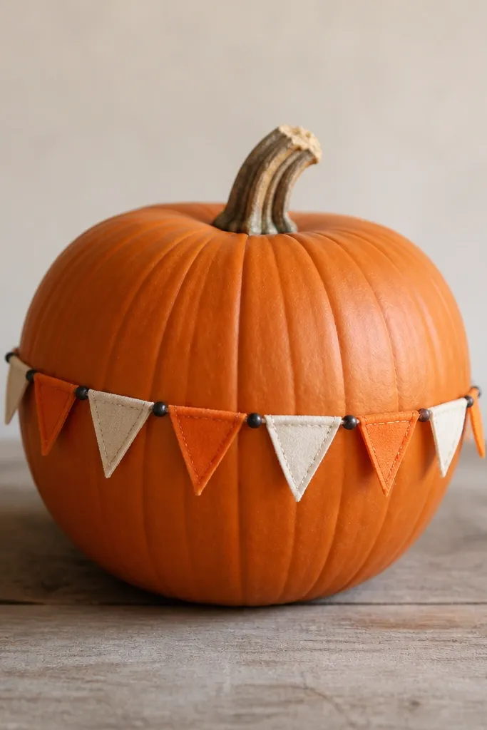 A pumpkin with a small banner strip wrapping around it. The strip has tiny triangles made from orange and cream tissue paper, with a few black marker dots between flags.