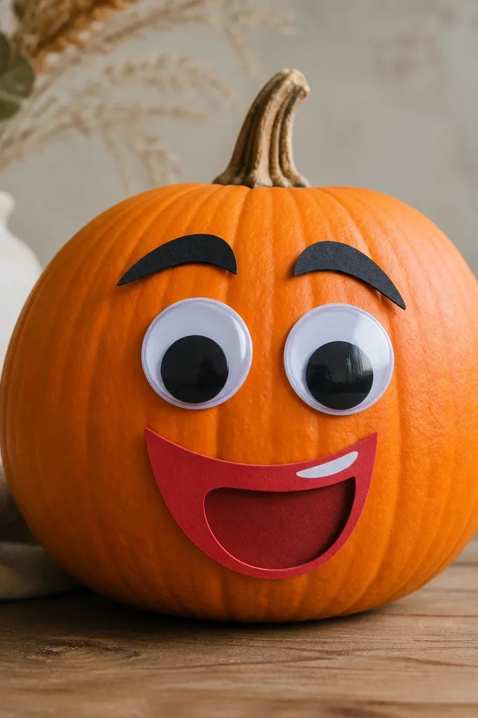 An orange pumpkin wearing a cardstock face: a cut-out mouth and eyebrows, plus two large googly wobble eyes on top. The eyebrows are matte black cardstock, and the mouth is red cardstock with a white gel highlight.