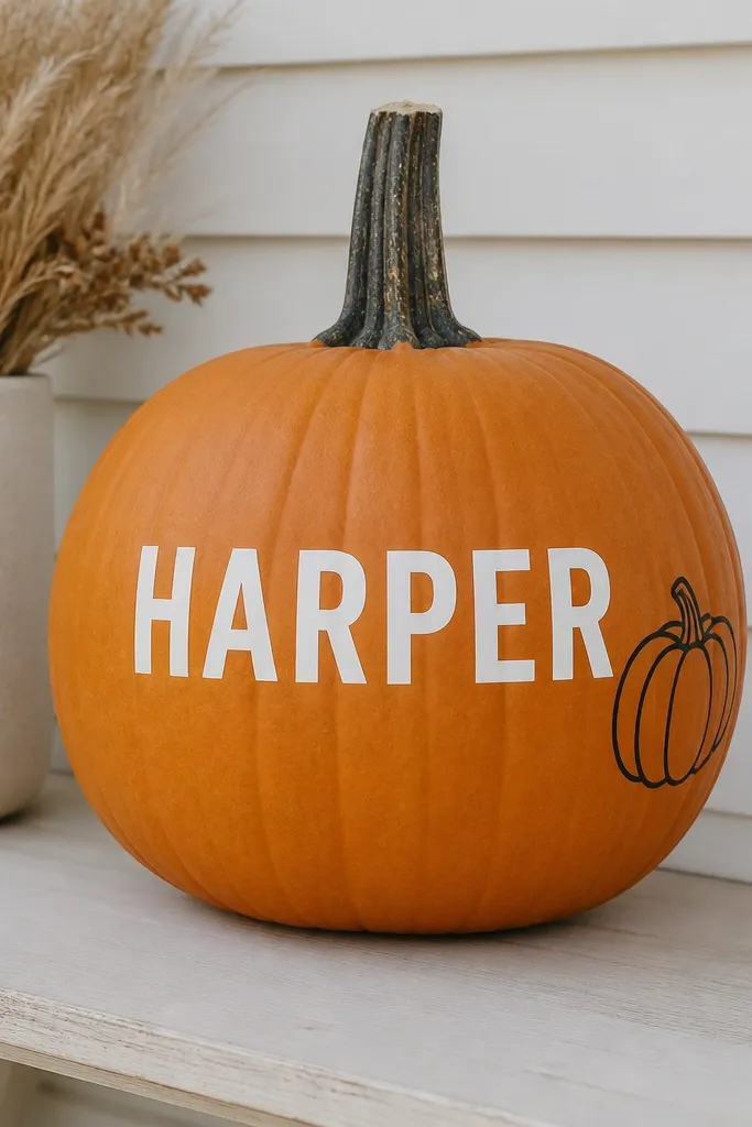 A pumpkin with smooth white vinyl letters spelling a name across the front. The letters are straight and evenly spaced, with a small black outline pumpkin icon on the side.