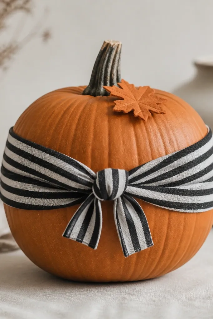 A pumpkin wrapped with a black-and-white striped fabric strip like a scarf. The fabric is tied in a small knot on the front with two short tails, and a tiny orange felt leaf sits on top.