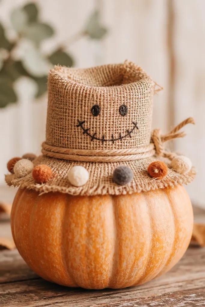 A pumpkin with a tiny scarecrow hat made from burlap scraps. The hat has a small band of twine, a few stitched pom-poms around the brim, and a stitched smile face on the front.