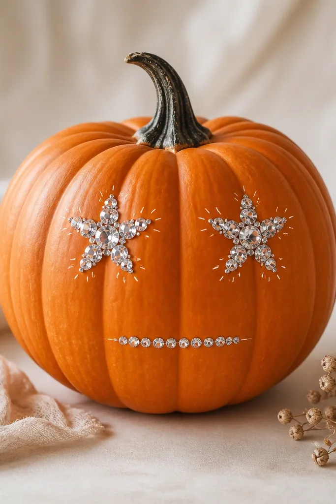 A pumpkin with two star-shaped rhinestone clusters for eyes and a simple line mouth. The rhinestones are clear and silver, sparkling against the orange ridges, with tiny white gel pen highlights.