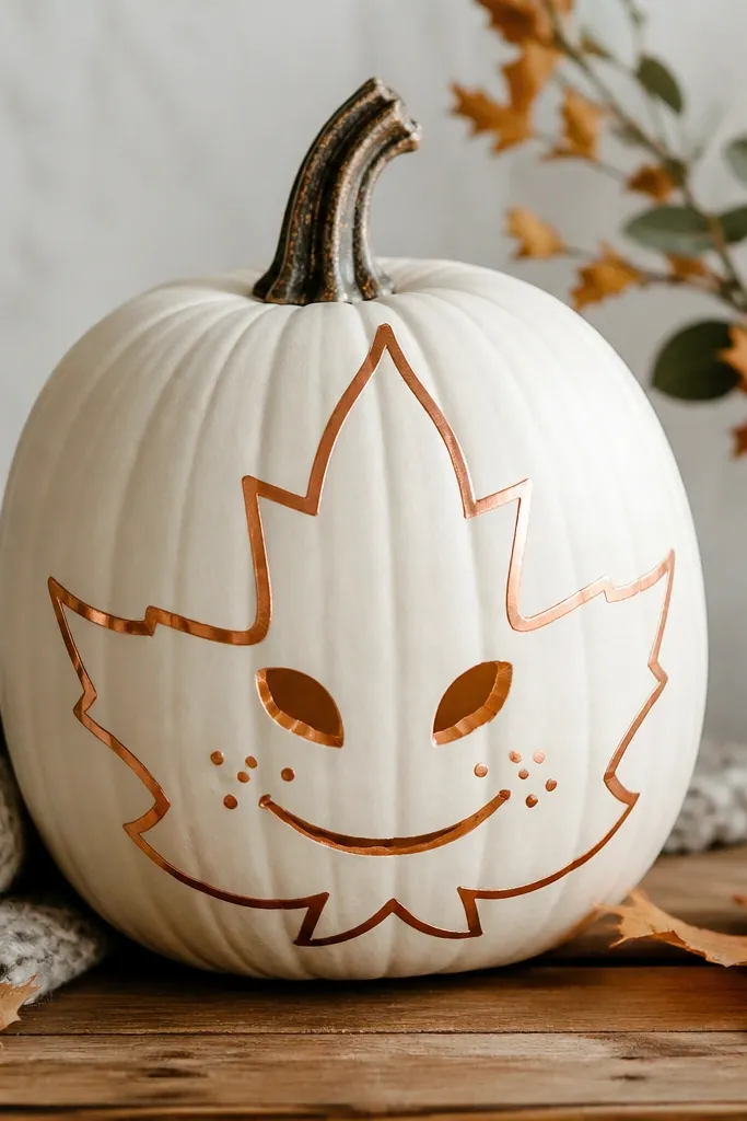 A pumpkin with a leaf-shaped face outline drawn in metallic copper marker. The eyes are simple leaf cutouts, and the mouth is a metallic curved line with small dot freckles.