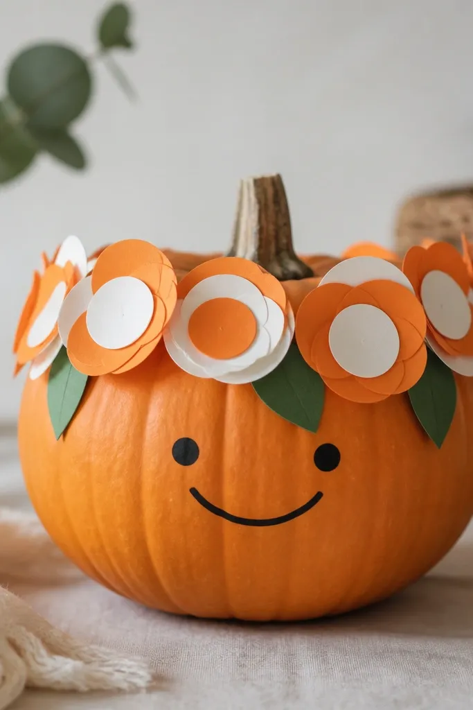 A pumpkin wearing a crown of paper flowers made from layered orange and white circles. The flowers sit around the top rim, with small green felt leaves and a simple black smile face.