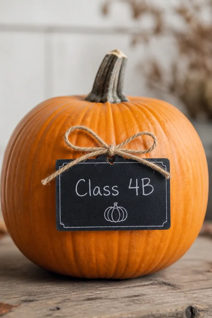 A pumpkin with a small black chalkboard-style rectangle label on the front. The label has white chalk text like 'Class 4B' and a tiny white chalk pumpkin icon, with a thin twine bow above the label.