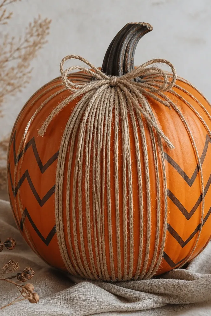 An orange pumpkin wrapped with vertical rope twine strands. The twine forms a fringe down the front, with a small bow at the top and a simple black chevron pattern on the remaining orange.
