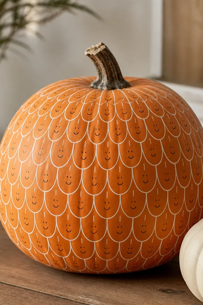 A pumpkin covered in a repeating white gel pen scale pattern. Each scale is drawn as an oval with a short line, arranged in rows from top to bottom, with a tiny black smile at the center.