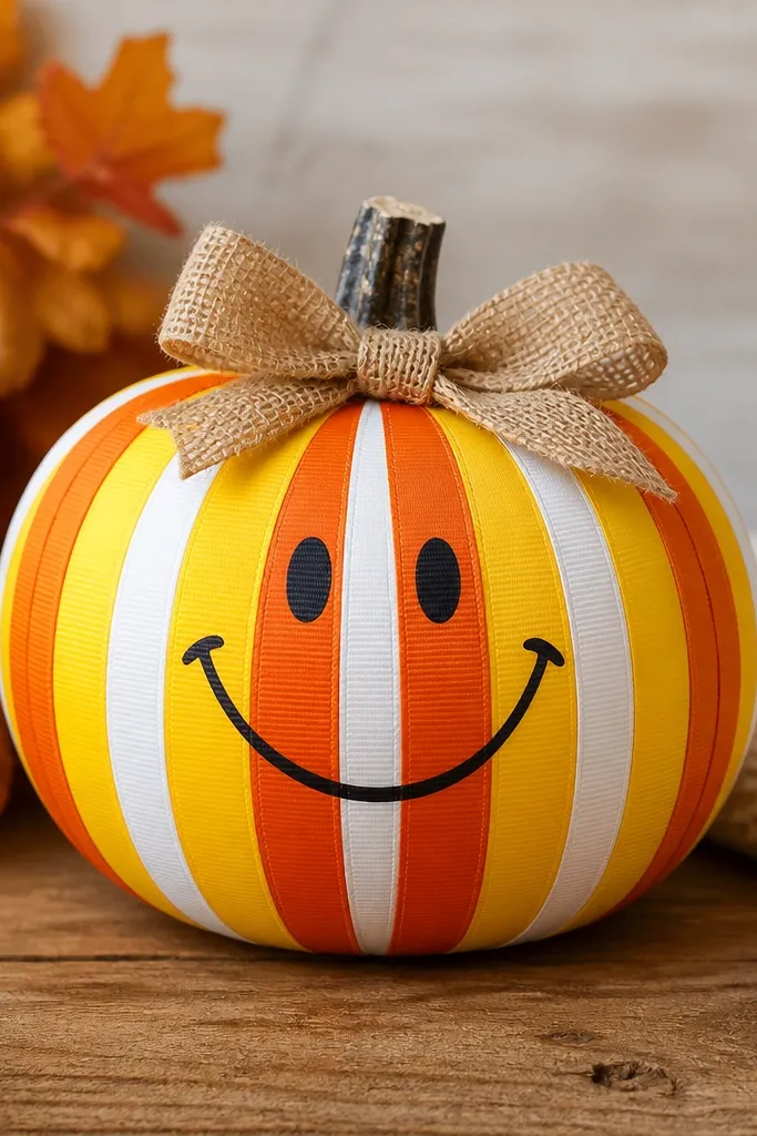 A pumpkin wrapped with a ribbon that mimics candy corn: alternating yellow, orange, and white stripes. A small burlap bow sits on top, and a black marker smile is drawn on the front.