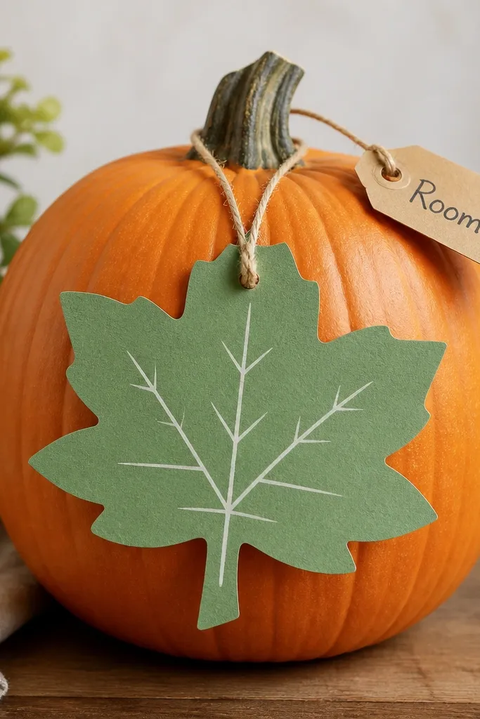 A pumpkin with a large paper leaf nameplate attached to the front. The leaf is green with a white vein line, and a string loop hangs from the top with a small tag that reads 'Room 7'.