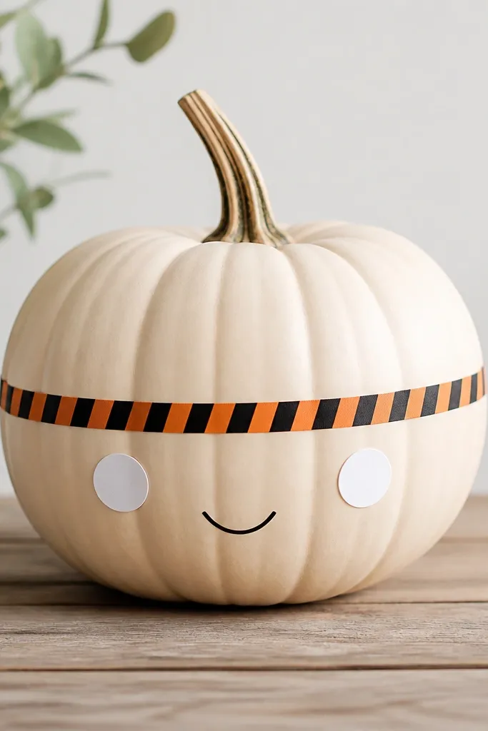 A pumpkin with a thin border of orange-and-black washi tape around the middle. The cheeks have two small circles of white paper dots, and a simple black line mouth sits below the tape.