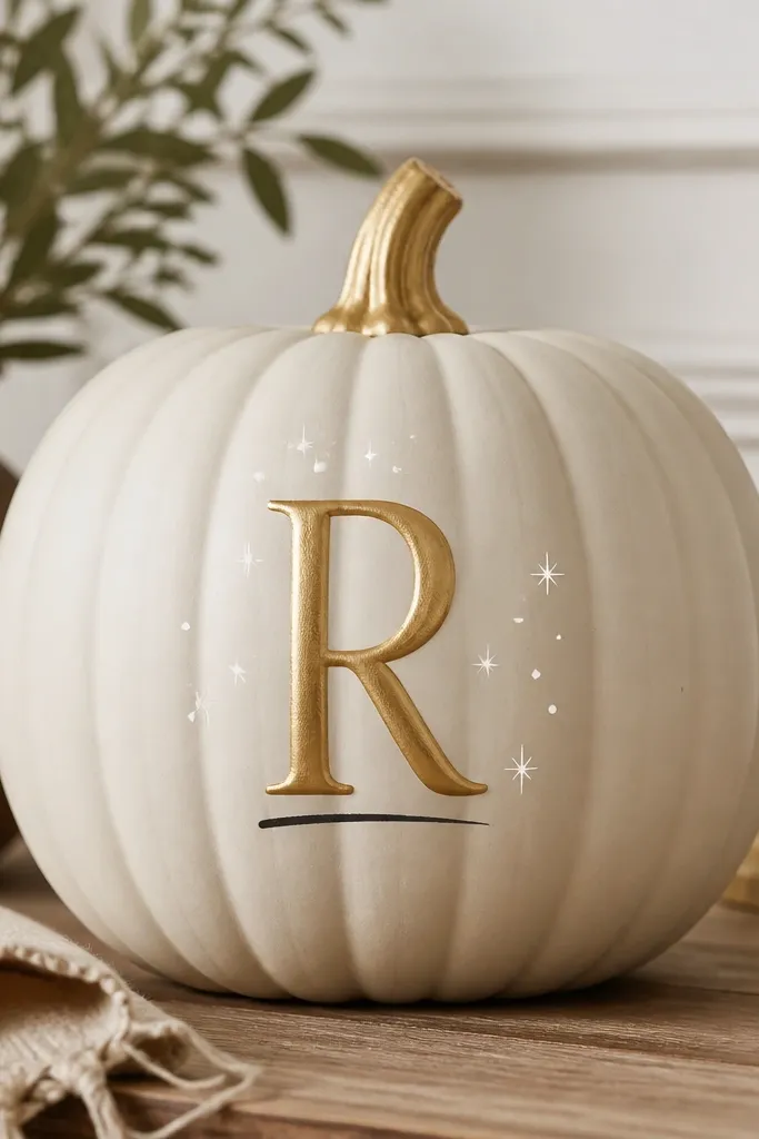 A pumpkin with a single gold initial on the front. Around the initial are small sparkle dots in white gel pen, and a tiny black underline stroke sits beneath the letter.