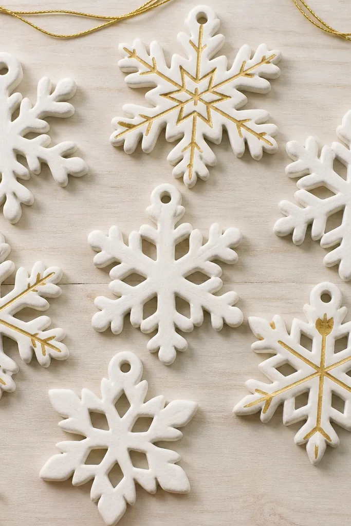 A set of matte white salt dough snowflakes with clean cut edges, each with a small loop hole at the top. Some snowflakes have thin gold lines painted along the arms, and the background is pale wood with a few gold thread ends visible.