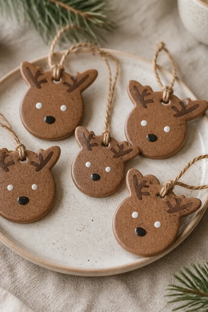 Small reindeer face ornaments in warm cocoa brown with tiny speckles across the surface. Cream-colored eyes and a thin black nose sit centered, and antlers are painted in dark brown with a slightly dry-brush texture.