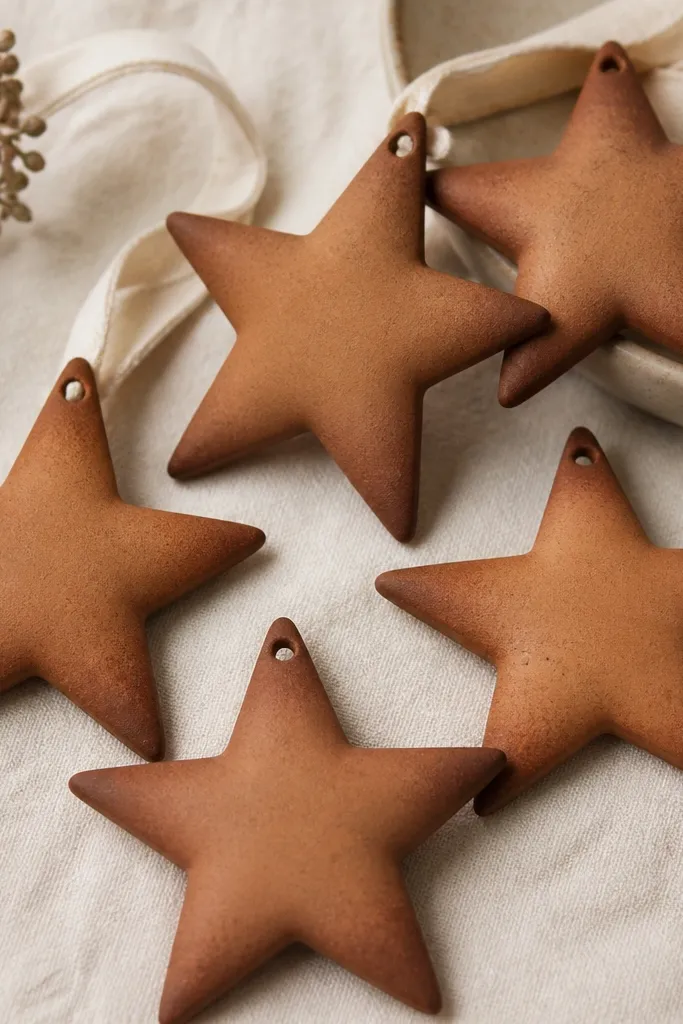 Five-point star ornaments with a warm cinnamon-brown base and a slightly darker "spice dust" gradient near the tips. The stars have a matte finish and small holes at the top for hanging ribbon.