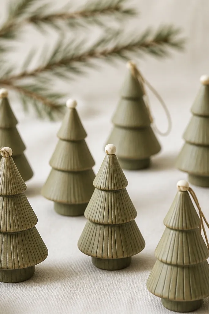 Tiny pine tree ornaments with a muted olive wash. Thin darker lines run vertically like woodgrain, and a few trees have a single cream dot at the top like a star.