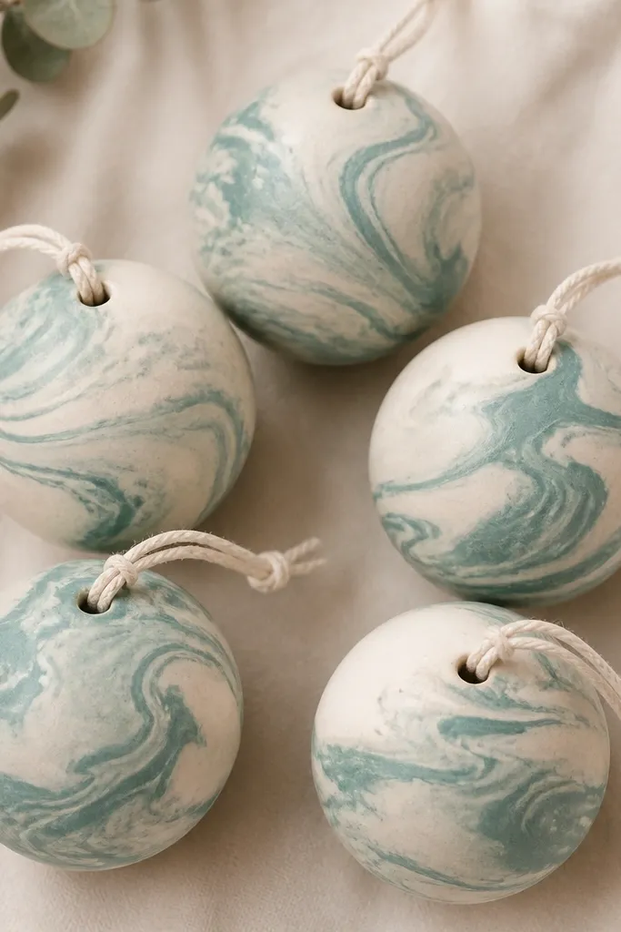 Round salt dough ornaments with a marbled look: pale cream and muted teal swirls. Each sphere has a top loop hole and looks smooth like a small ceramic globe.