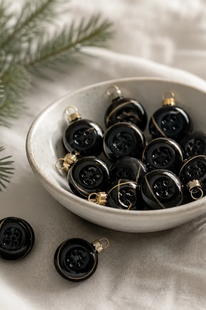Mini round ornaments shaped like buttons, colored deep black with a glossy finish. A tiny painted stripe and a subtle highlight curve make them look like lacquered buttons.