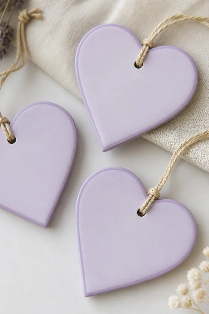 Heart-shaped ornaments in pale lavender with slightly darker lavender edges. They have a small hole at the top and are tied with beige twine; the surface looks smooth and matte.
