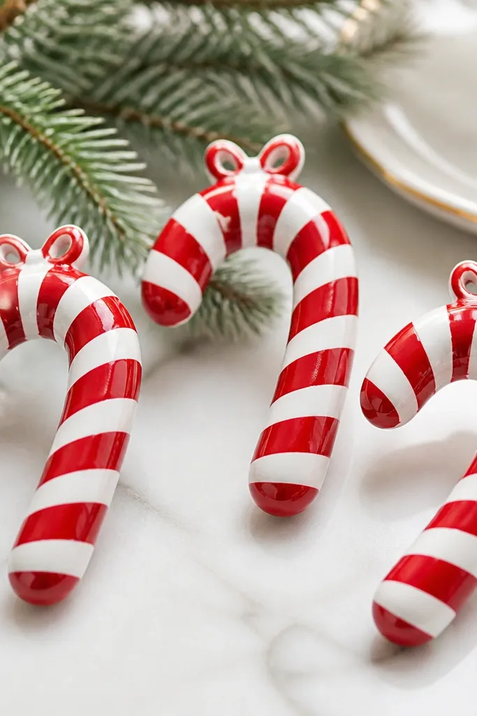 Curved candy cane ornaments with red and white stripes. The surface is glossy, and a small bow-shaped loop hole sits at the top curve.