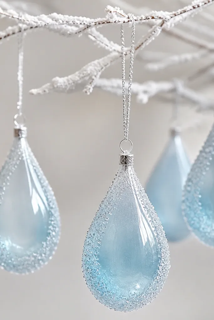 Teardrop ornaments in pale icy blue with a watery gradient. Tiny crystal glitter sits mostly around the edges, and a clear coat makes them look like frosted glass.