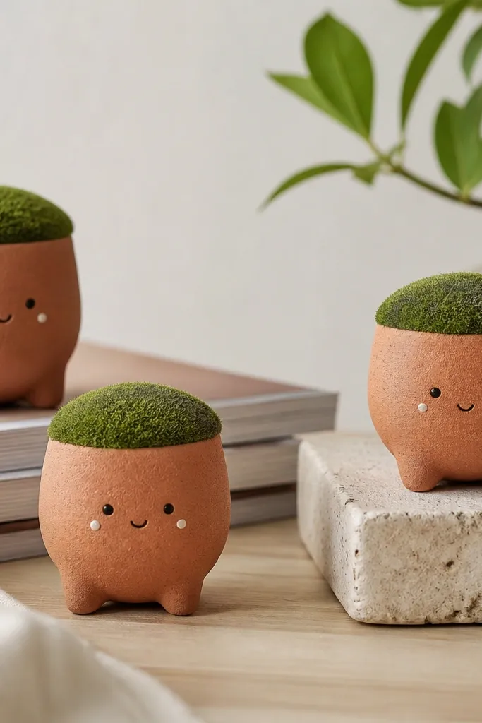 Little ornament figures shaped like pots with a simple face. They are painted terra cotta with a green mossy top and tiny white dot cheeks; the overall finish is matte with slight texture.