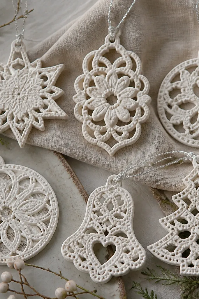 Intricate lace-pattern ornaments cut from salt dough, painted creamy white with thin silver outlines along the edges. The cutout holes make a delicate silhouette.