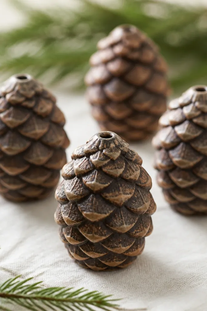 Pine cone shaped ornaments with layered scales. They are brown with darker recesses and lighter dry-brushed tips; the hanging hole is at the top.