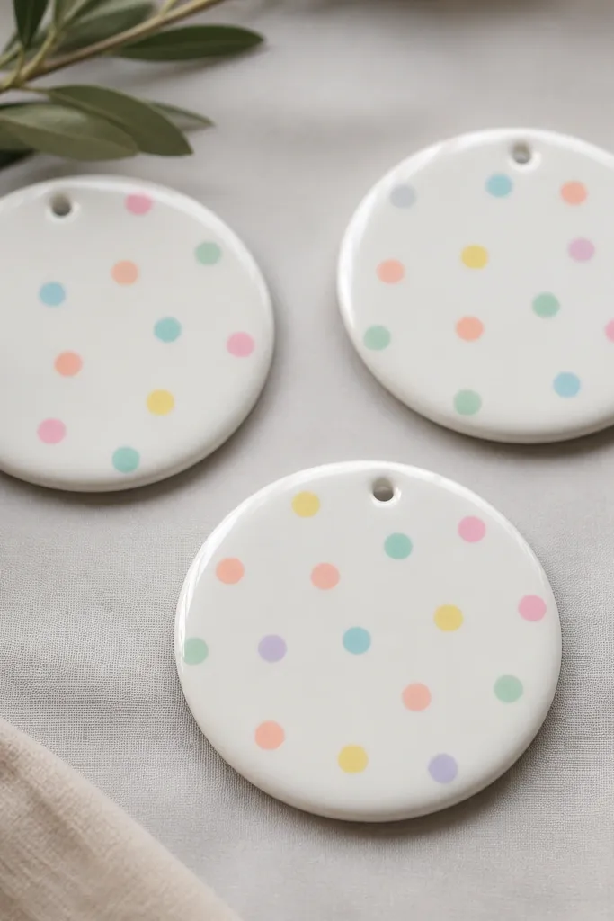 Round ornaments with a white base and scattered pastel dots like confetti. Each dot is crisp, and the whole piece has a glossy clear finish; a small hole sits at the top.