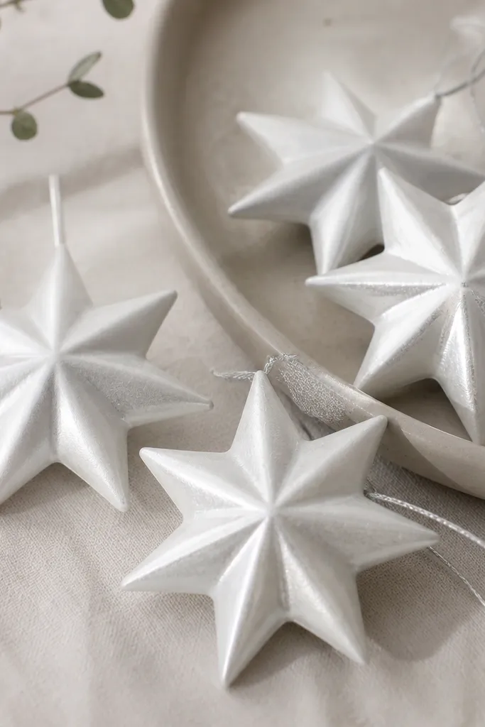 Star-shaped ornaments painted with pearly white paint. They show subtle metallic shimmer, especially on raised points, and are tied with a thin light gray thread loop.