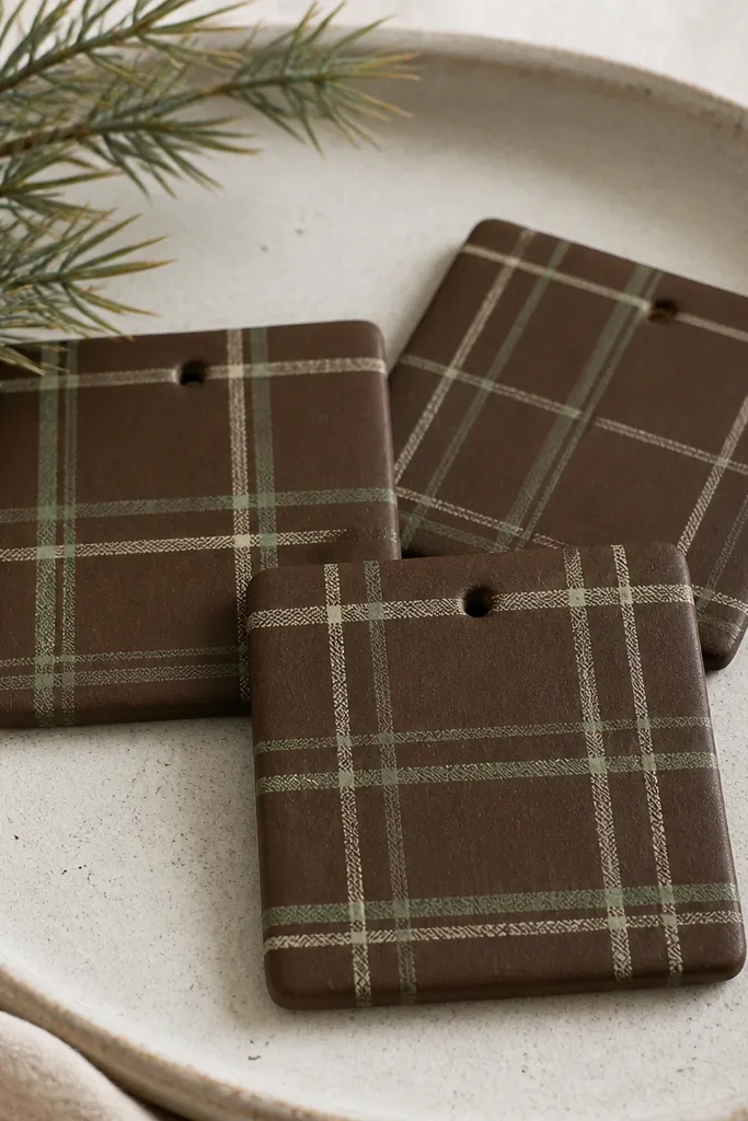 Square ornaments painted brown with a hand-drawn green and cream plaid pattern. The plaid lines are straight and slightly textured, and the ornaments have a small top hole.