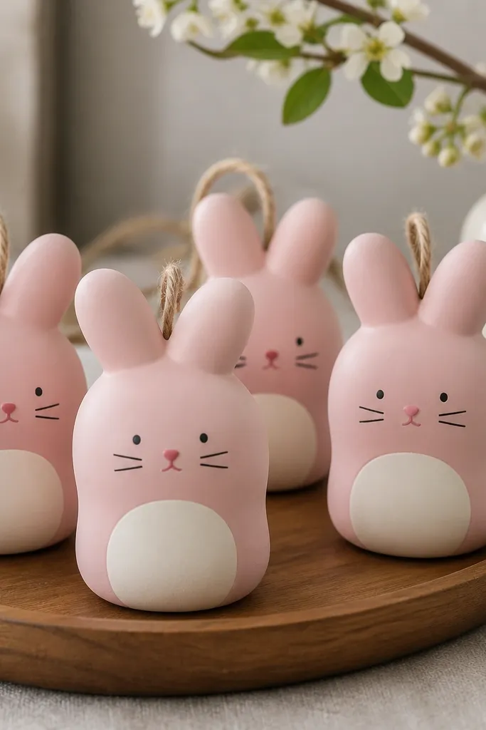 Bunny-shaped ornaments with rounded ears. They are painted soft pink with a cream belly, black whisker lines, and a small pink nose dot; finish is matte and clean.