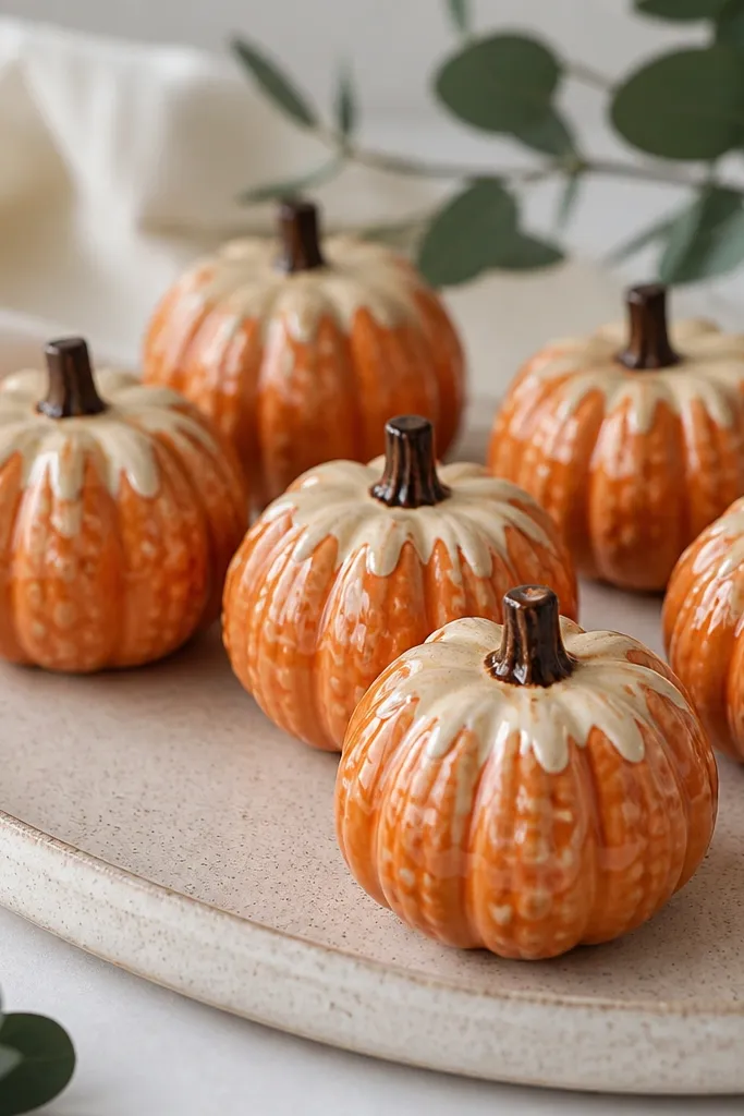 Mini pumpkin ornaments with a bumpy carved surface. They are painted orange with a cream drip near the top ridge and a small brown stem; finish is glossy.