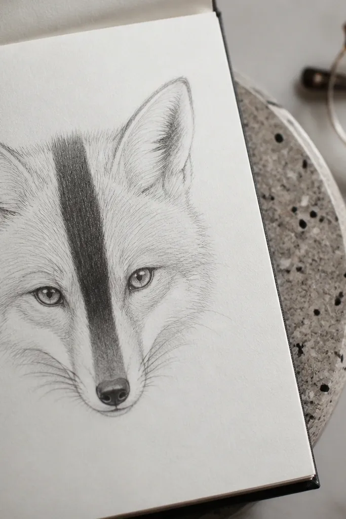 Front fox face with dot eyes and a single dark forehead stripe