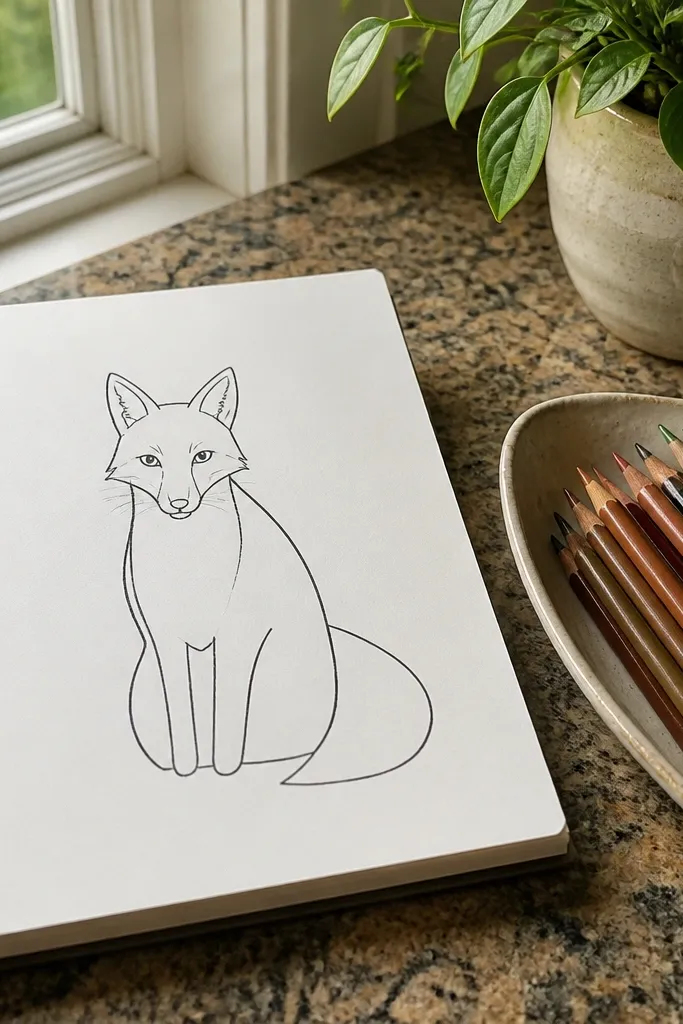 Sitting fox with a rounded head and a blocky body shape