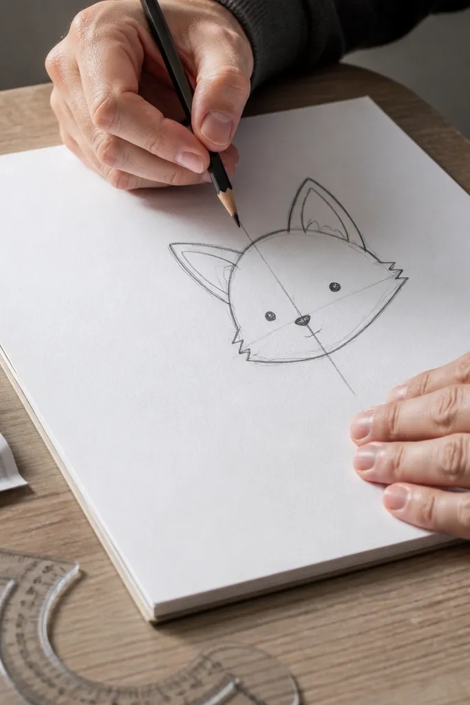 Fox head tilted to one side with ears and eyes placed on an angled guide