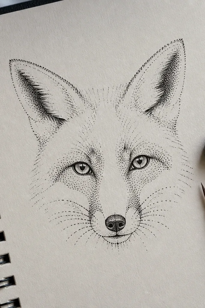 Fox face with dot whiskers and minimal mouth lines