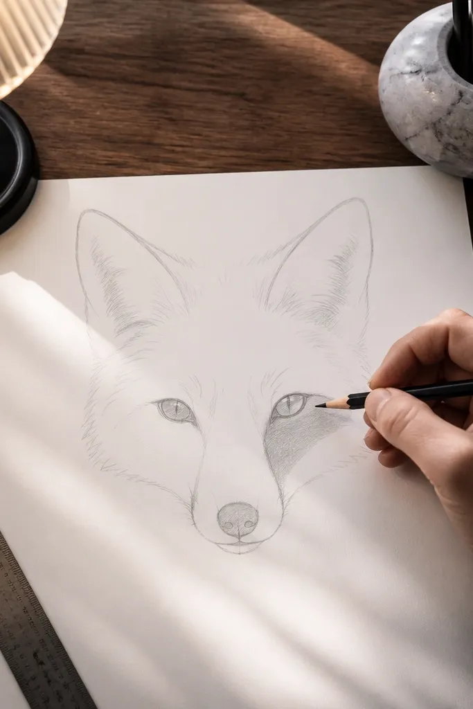 Fox face with triangle shading under one eye and simple fur outlines
